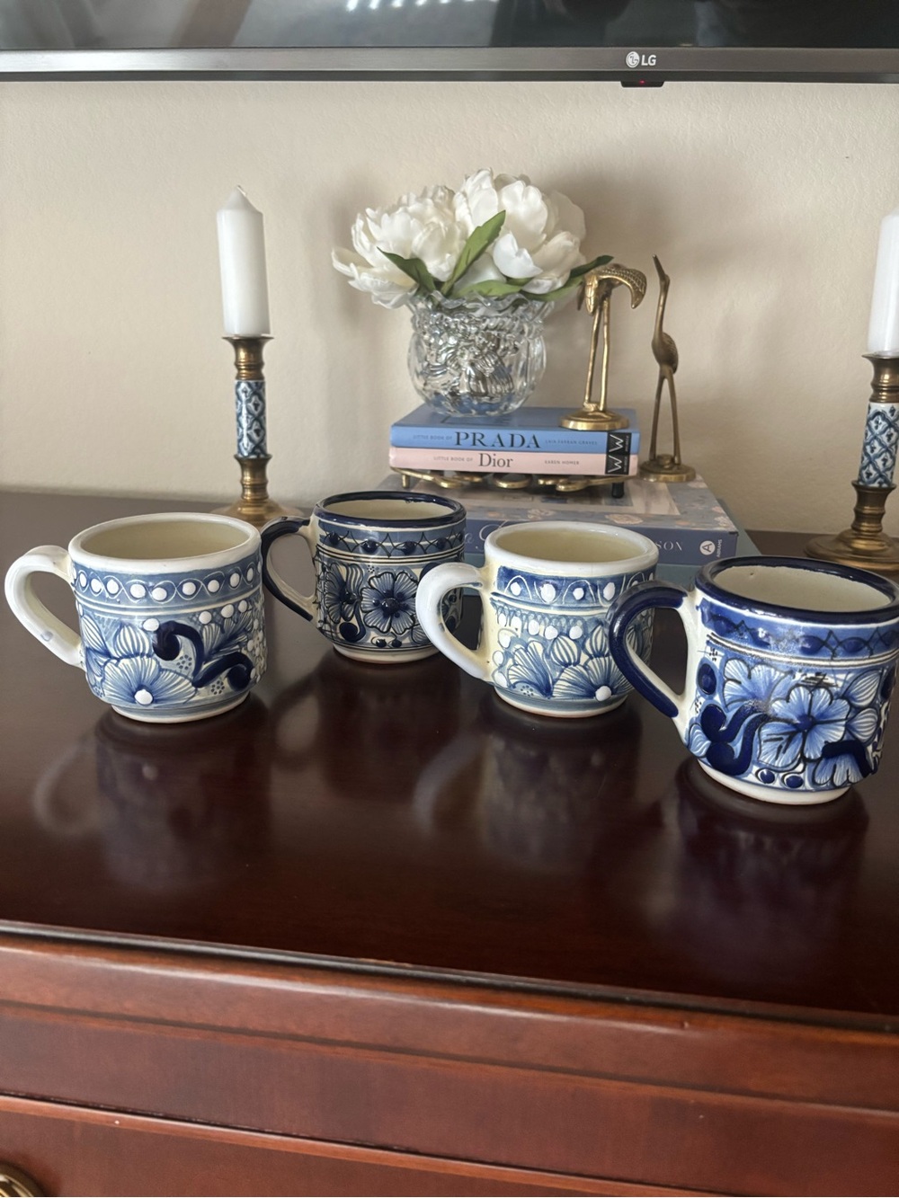 Hand-Crafted Blue & White Mexican Talavera Floral Ceramic Coffee Mugs - Set of 4